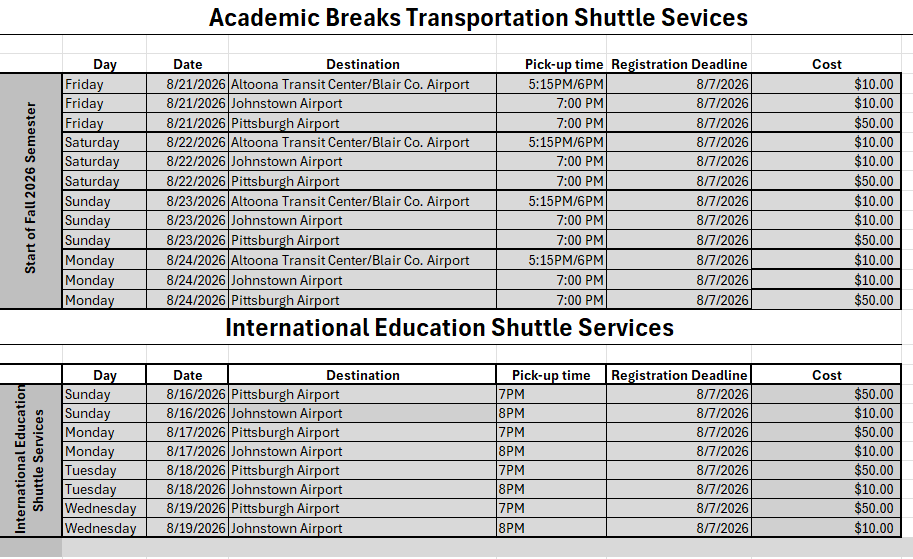 Shuttle Schedule for August 2026