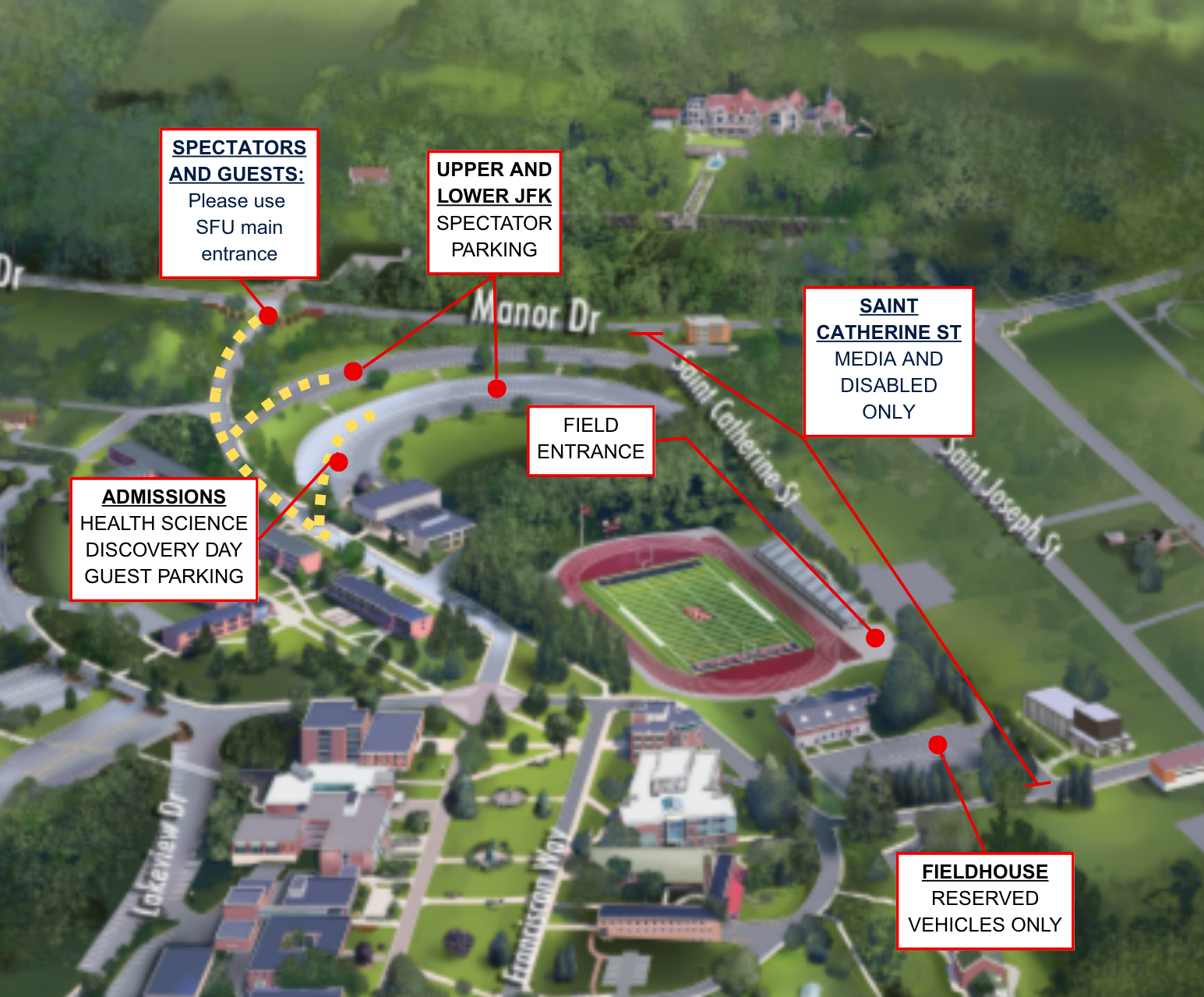 map of campus with designated parking areas for visitors