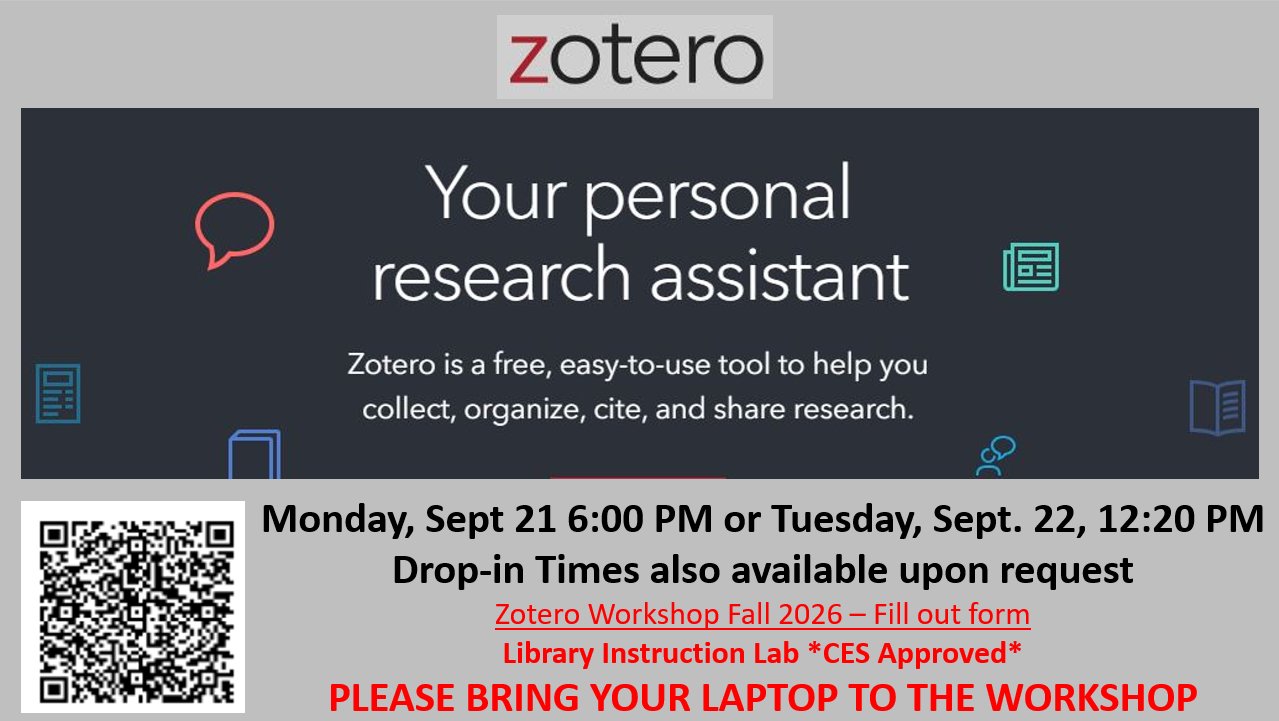 Zotero slide with dates and times: Sept. 21 at 6 and Sept.22 at 12:20 with drop-in times available. 