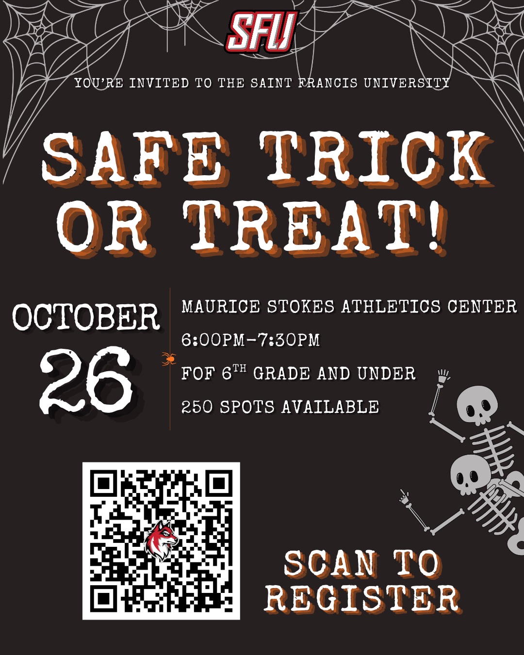 Safe Trick or Treat advertisement graphic with QR code to register for the event 
