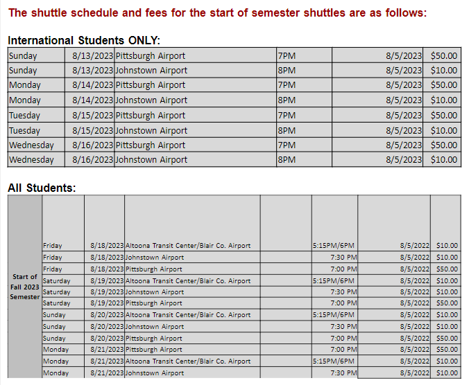 Start of Semester Shuttles Saint Francis University