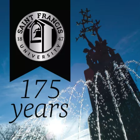 175 ribbon logo over Francis fountain