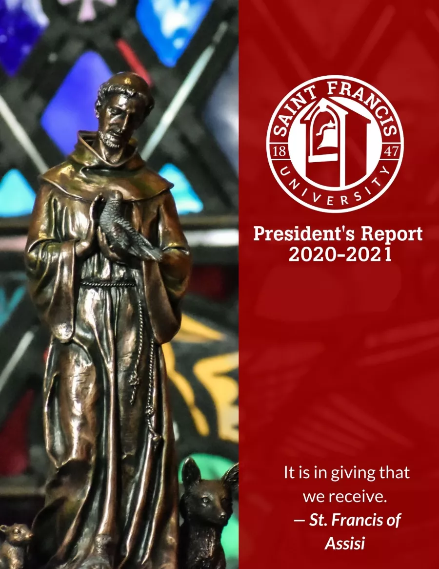 cover of 2020-21 President's Report, statute of St. Francis