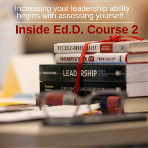 text "Increasing your leadership ability begins with assessing yourself" over stack of leadership books