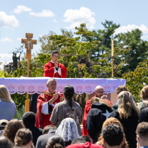 Mass of the Holy Spirit 2025 on campus mall at Saint Francis University