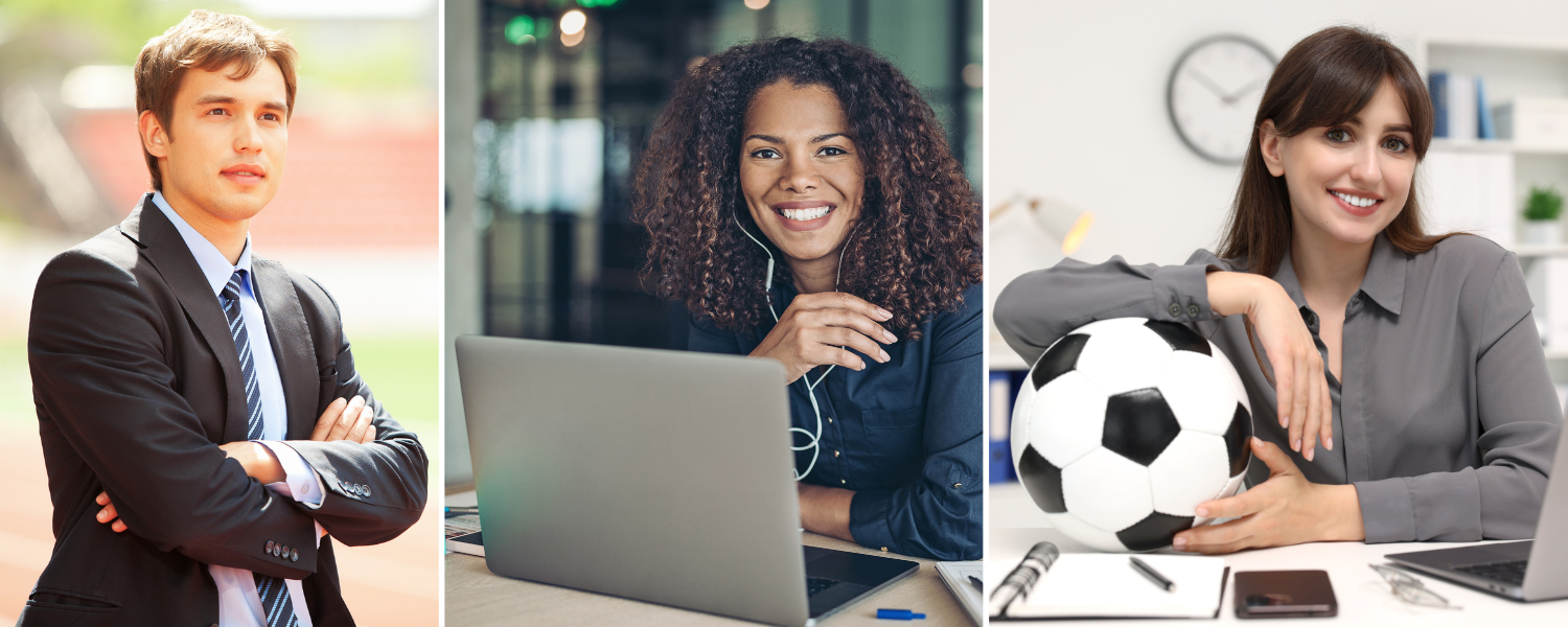 white man in suit at stadium, black female with computer, white woman with soccer ball 