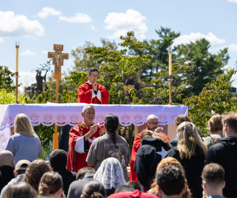 Mass of the Holy Spirit 2025 on campus mall at Saint Francis University