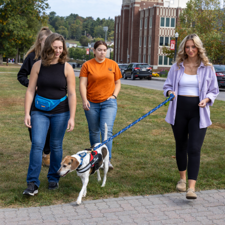Students walking dog in Canine Behavior Training Course at Saint Francis University